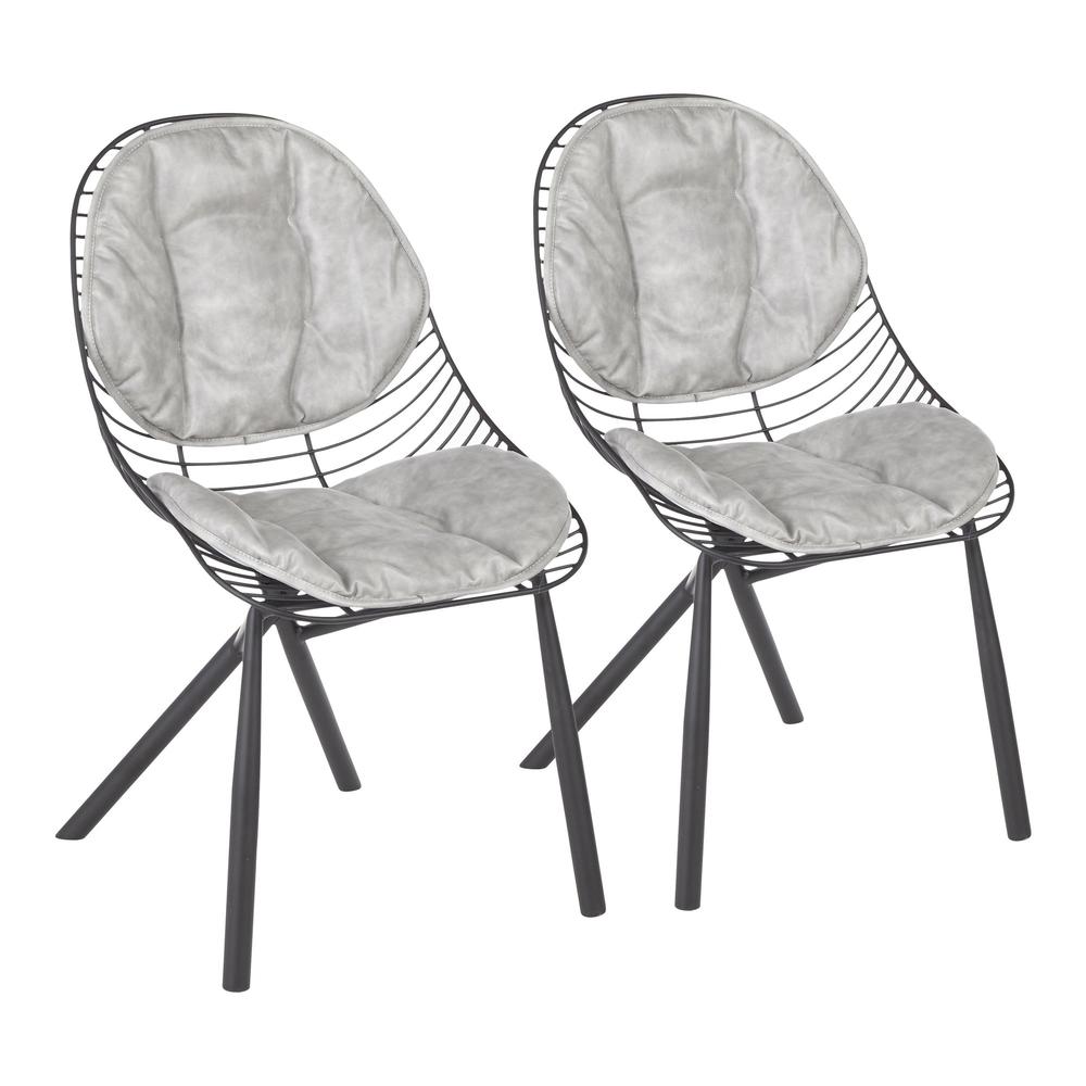 Wired Contemporary Chair in Black Metal with Light Grey Faux Leather Cushions - Set of 2. Picture 1
