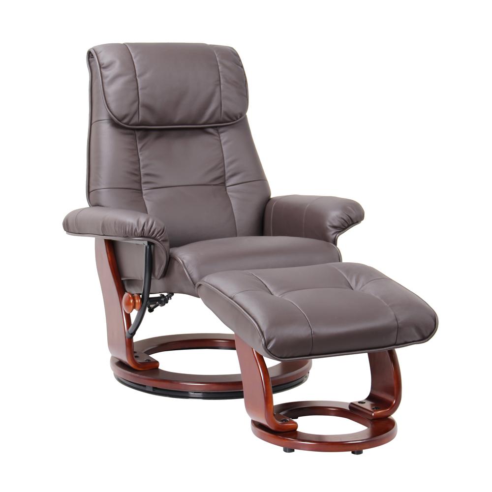 Scandinavian / European-styled recliner and ottoman, Kona Brown. Picture 1