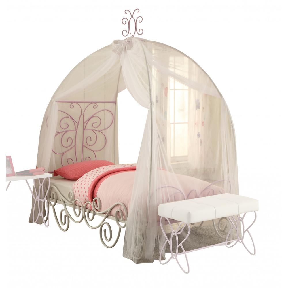 White and Lilac Scroll Butterfly Design Twin Canopy Bed - 285576. Picture 2