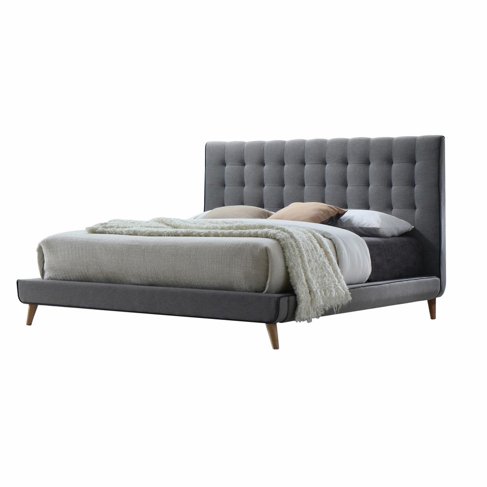 Light Gray Buttonless Tufted Fabric Queen Bed with Natural finish legs - 285879. Picture 2