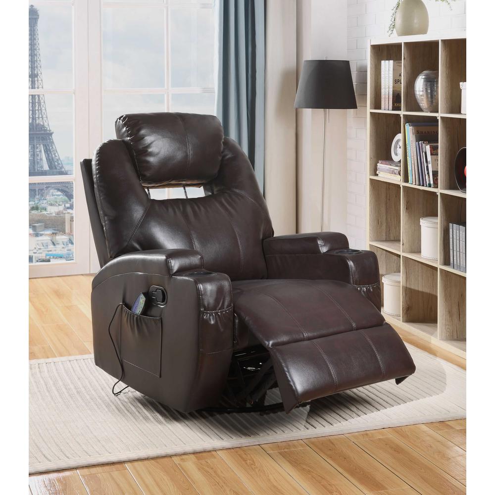 34" X 37" X 41" Brown Bonded Leather Match Swivel Rocker Recliner With Massage - 318864. Picture 4