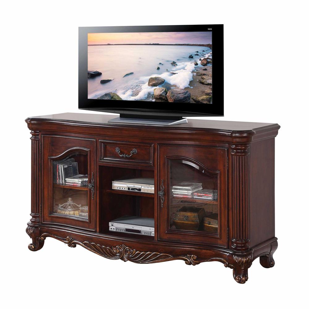 20" X 65" X 34" Brown Cherry Wood Glass TV Stand - 347032. Picture 3