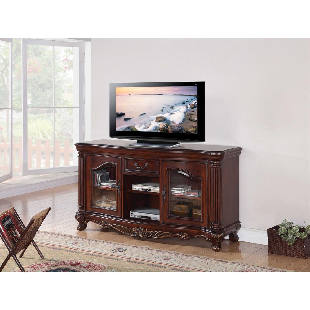 20" X 65" X 34" Brown Cherry Wood Glass TV Stand - 347032. Picture 4