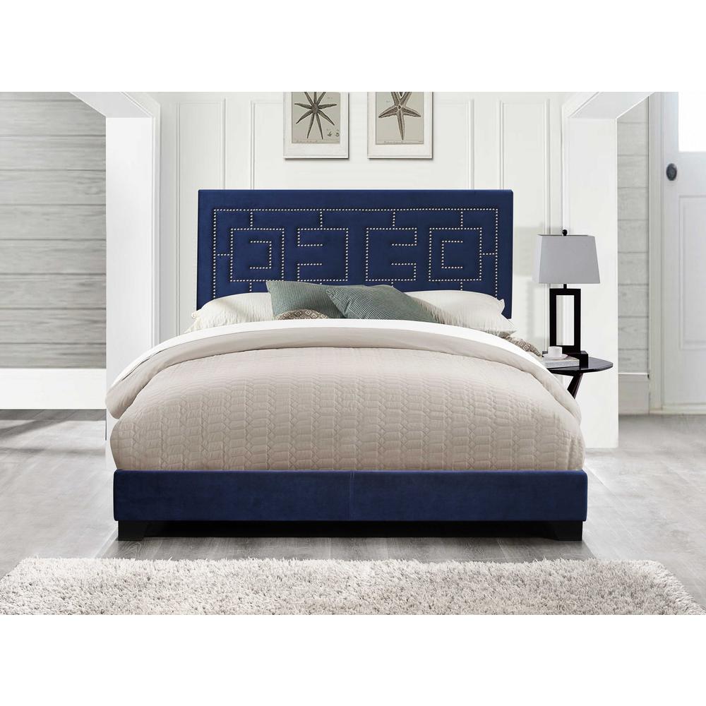 80" X 86" X 50" Dark Blue Velvet Upholstered Bed Wood Leg Eastern King Bed - 347043. Picture 4