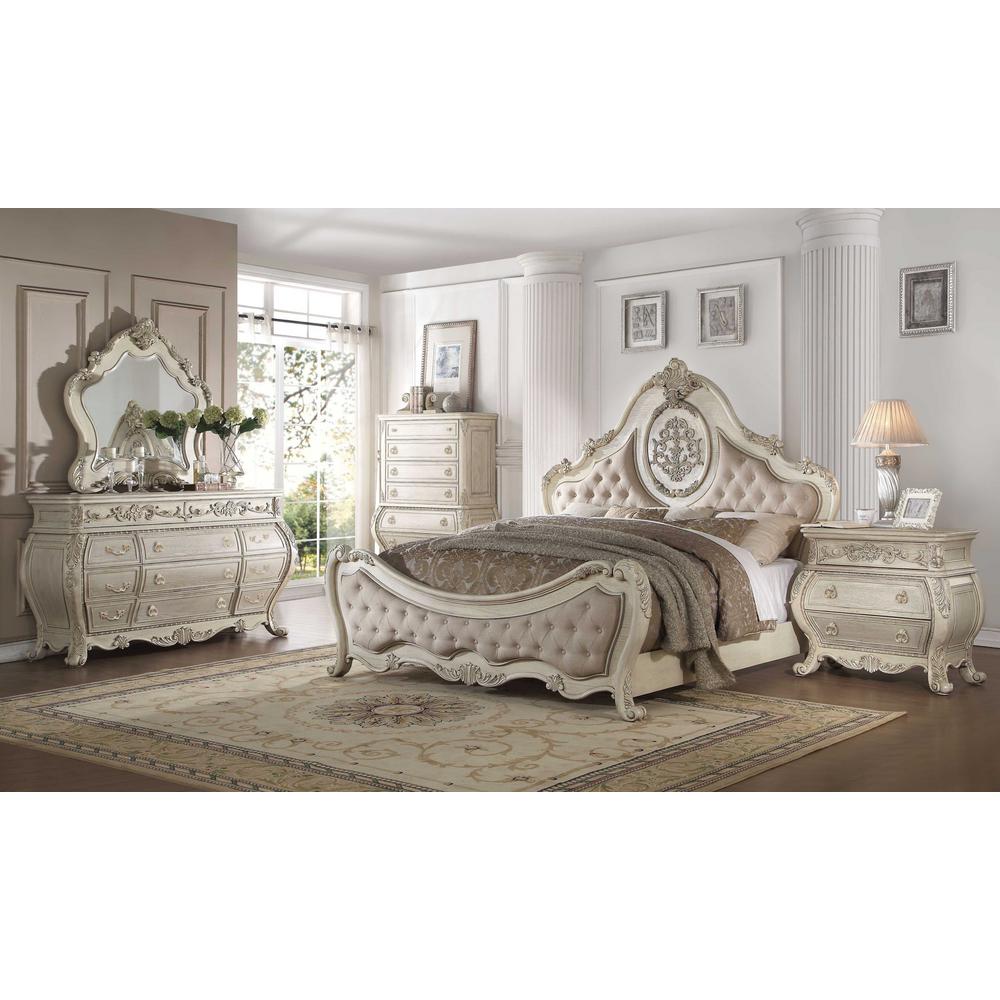 73" X 89" X 76" Beige Linen Antique White Wood Upholstery Queen Bed - 347132. Picture 5