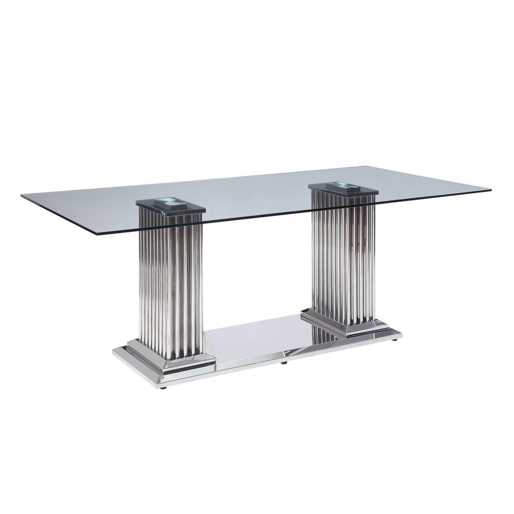 39" X 79" X 30" Stainless Steel Clear Glass Mirror Dining Table wDouble Pedestal - 347319. Picture 4