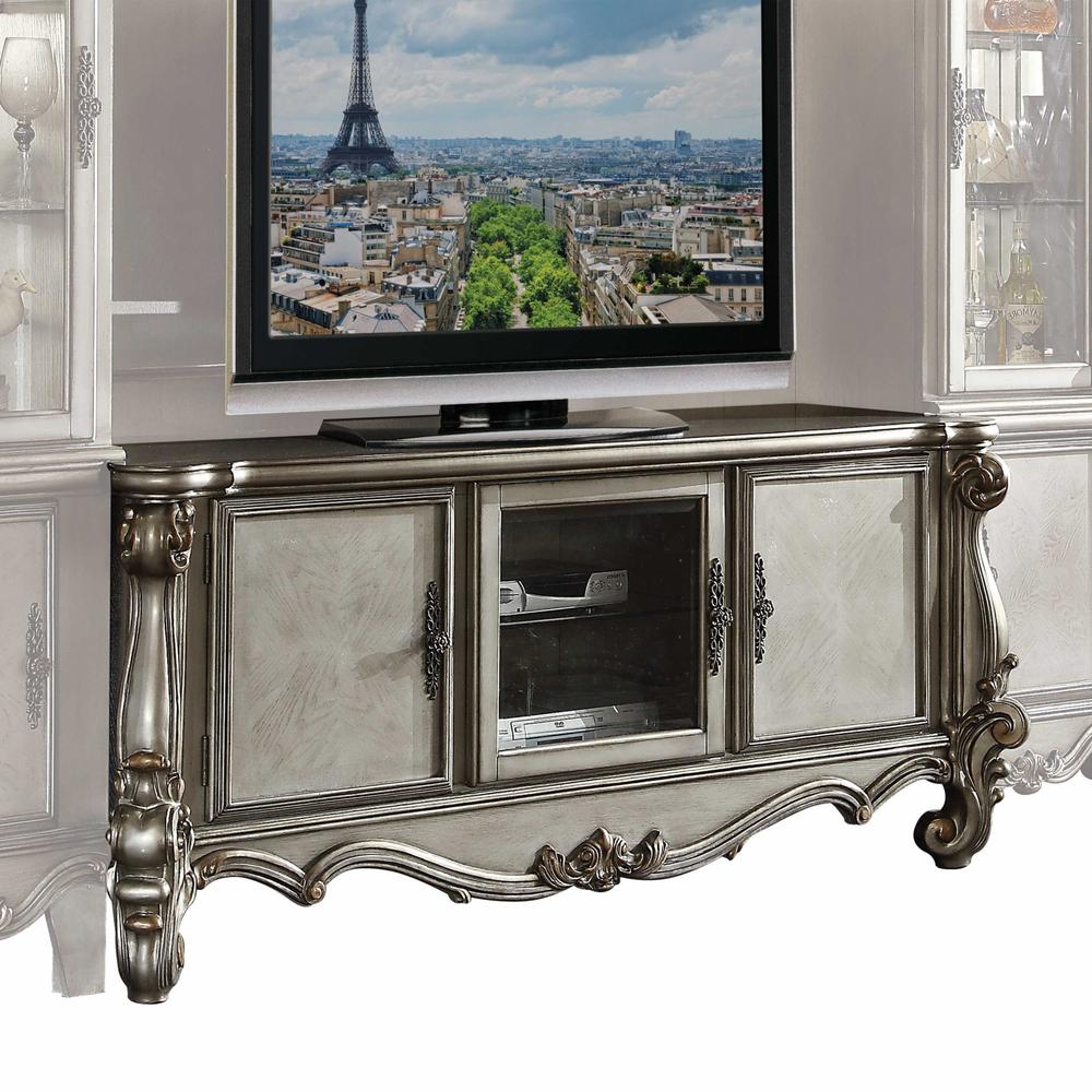 21" X 74" X 31" Antique Platinum Wood Poly Resin Glass TV Console - 347500. Picture 3