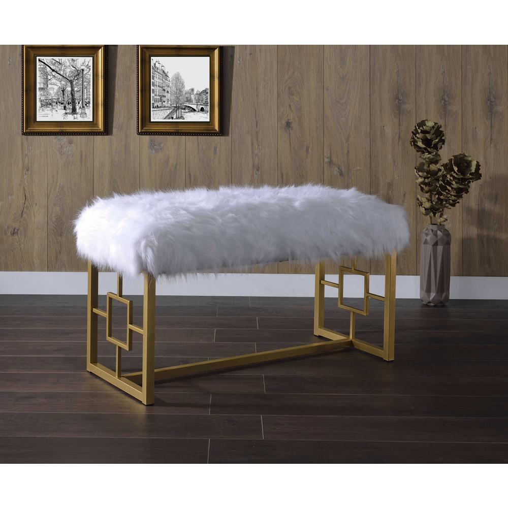 18" X 38" X 21" White Faux Fur Gold Metal Upholstered (Seat) Bench - 347540. Picture 2