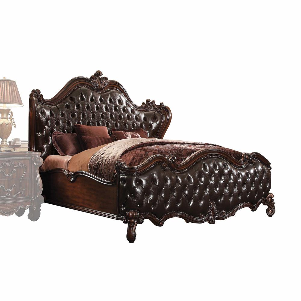 88" X 101" X 76" 2-Tone Dark Brown PU Cherry Oak Wood Poly Resin Upholstery California King Bed - 348171. Picture 3