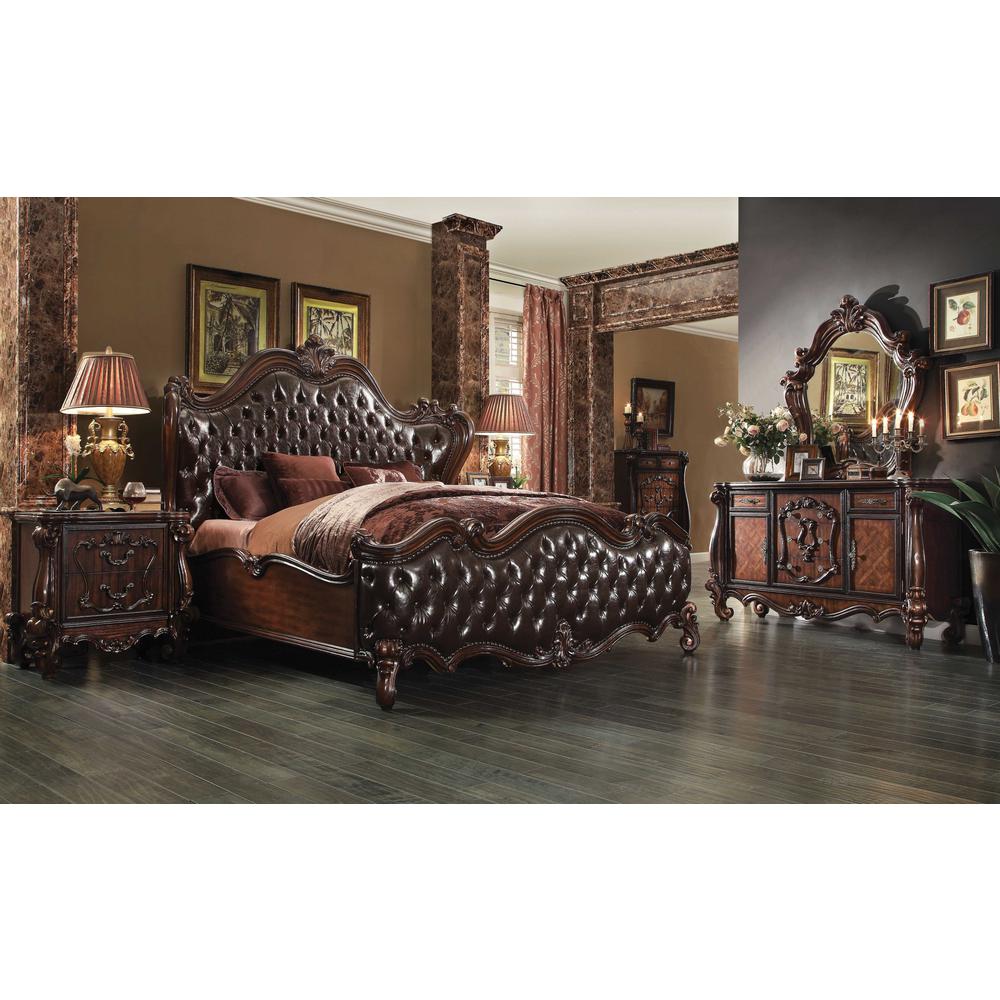 88" X 101" X 76" 2-Tone Dark Brown PU Cherry Oak Wood Poly Resin Upholstery California King Bed - 348171. Picture 4