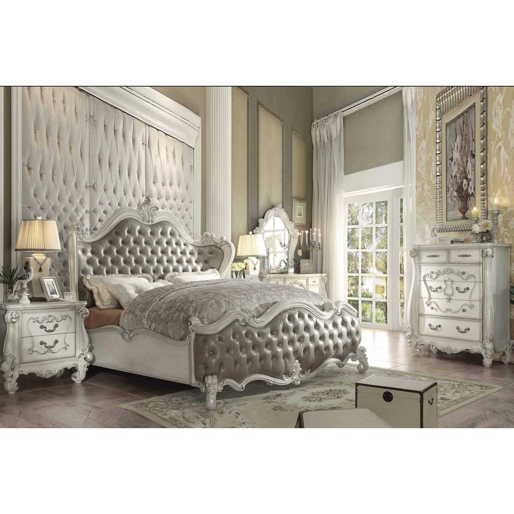 92" X 97" X 76" Vintage Gray PU Bone White Wood Poly Resin Upholstery Eastern King Bed - 348178. Picture 4