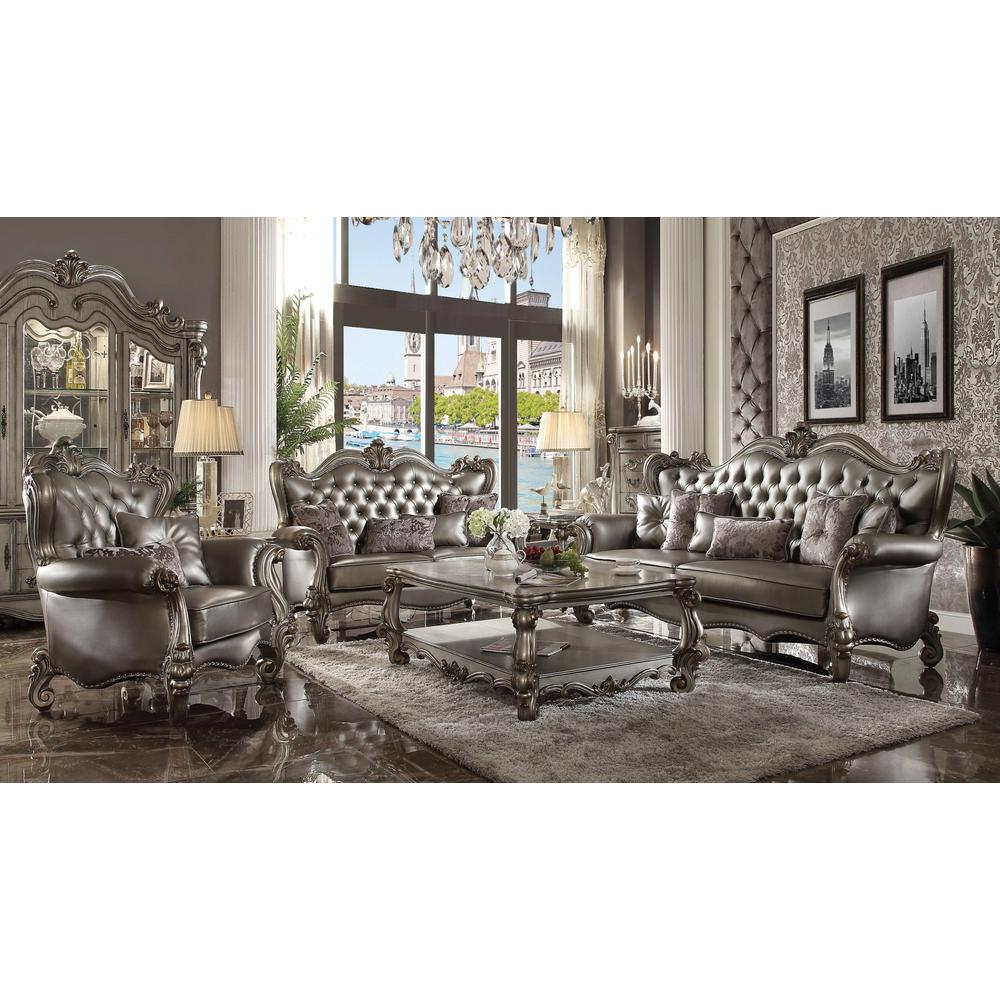 46" X 93" X 50" Silver PU Antique Platinum Upholstery Poly Resin Sofa w/6 Pillows - 348644. Picture 4