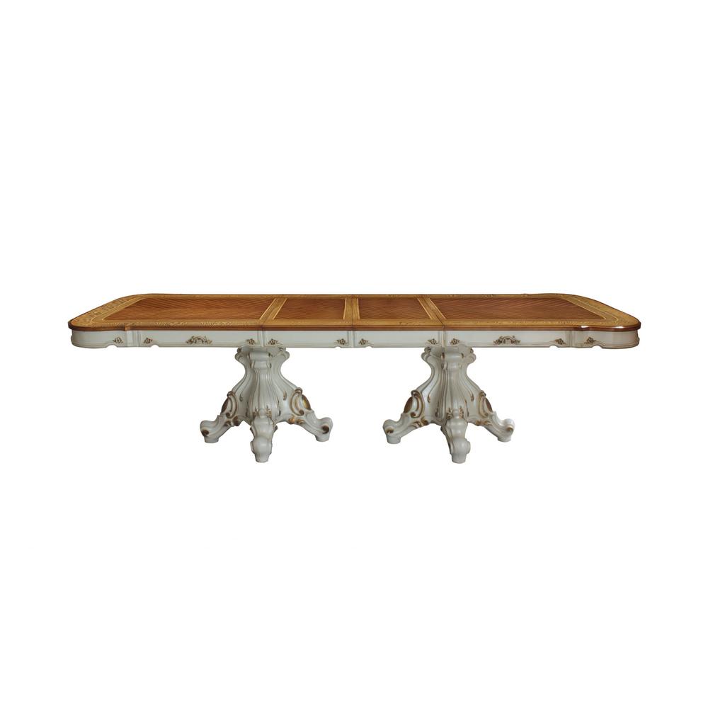 49" X 120" X 31" Antique Pearl Cherry Oak Wood Poly-Resin Dining Table w/Double Pedestal - 348650. Picture 4
