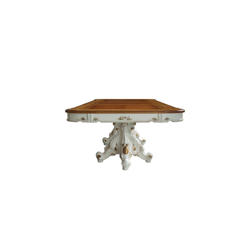 49" X 120" X 31" Antique Pearl Cherry Oak Wood Poly-Resin Dining Table w/Double Pedestal - 348650. Picture 6