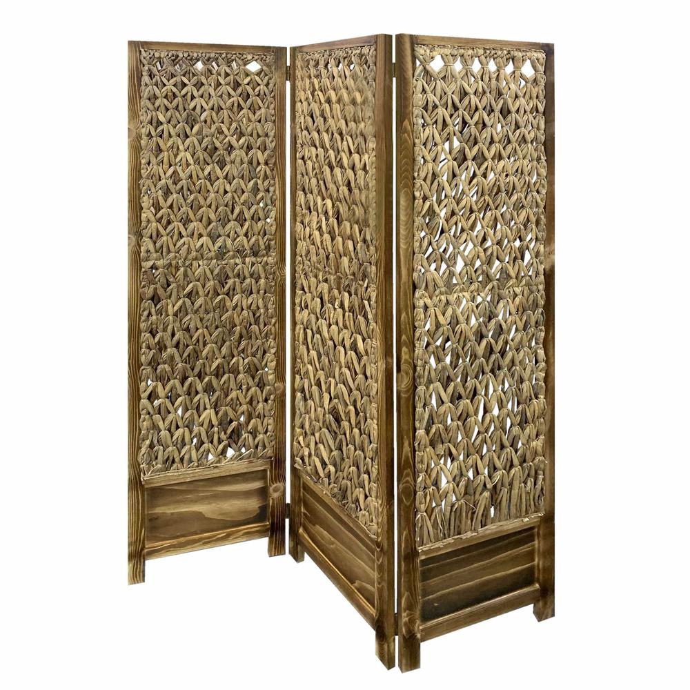 Casual Wood and Seagrass 3 Panel Room Divider Screen - 348673. Picture 3