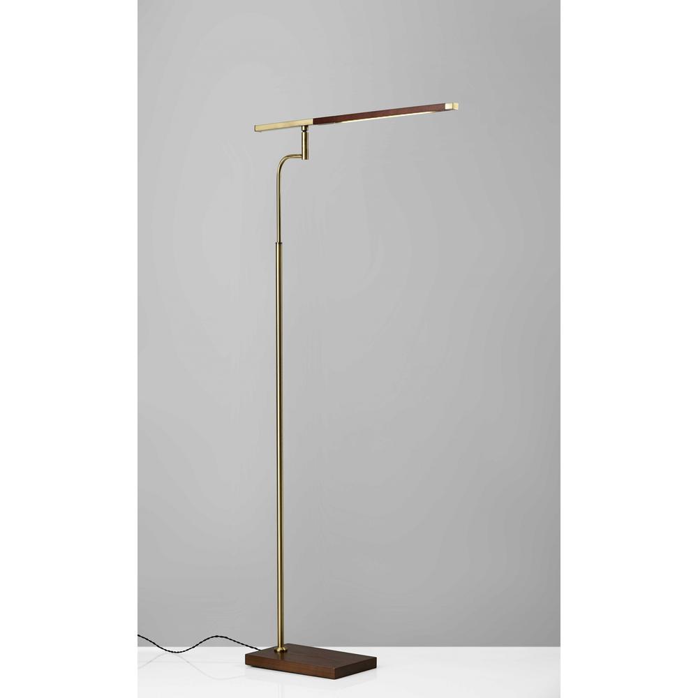Thin Silhouette Adjustable LED Floor Lamp with Walnut Wood Finish and Antique Brass Accents. Picture 3