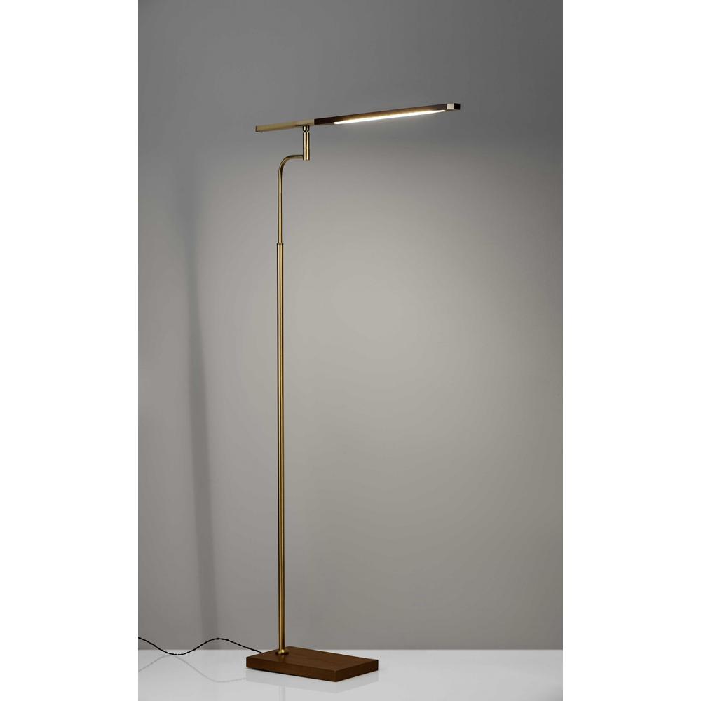 Thin Silhouette Adjustable LED Floor Lamp with Walnut Wood Finish and Antique Brass Accents. Picture 4