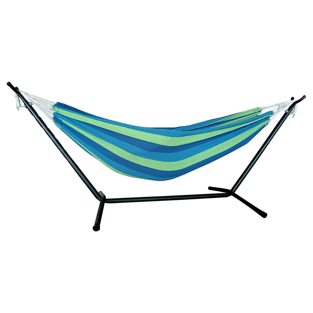 Blue and Green Stripe Classic 2 Person Hammock with Stand - 383789. Picture 4