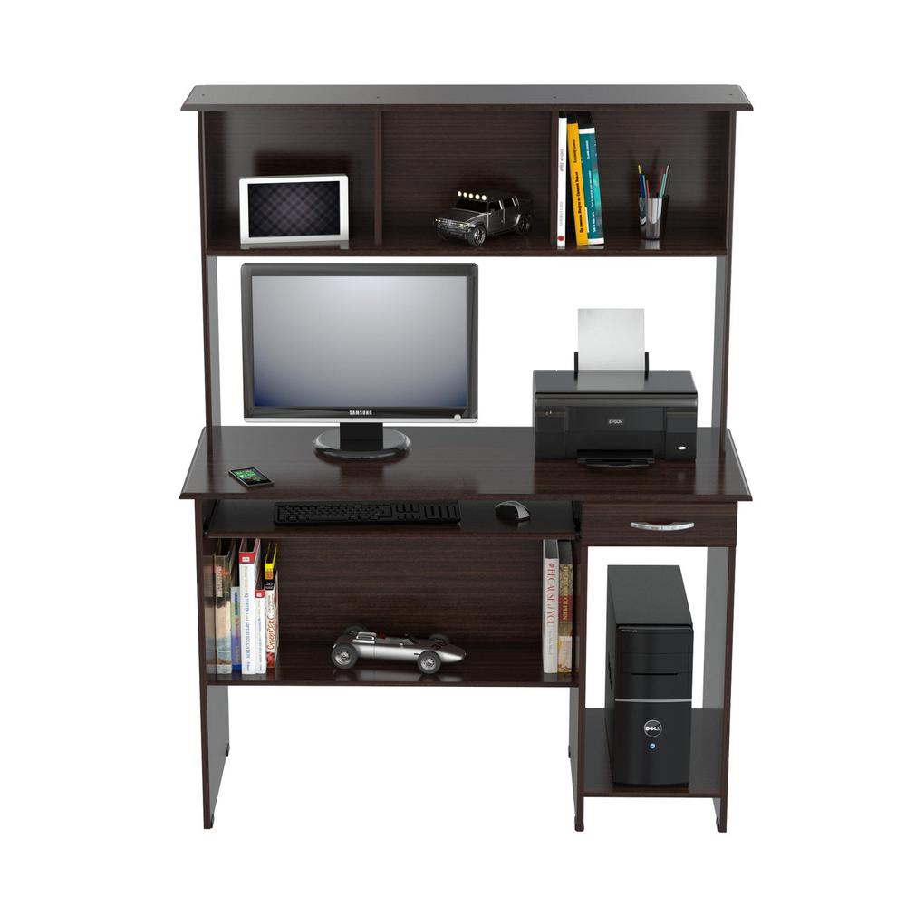 61.8" Espresso Melamine and Engineered Wood Computer Desk with Hutch. Picture 2