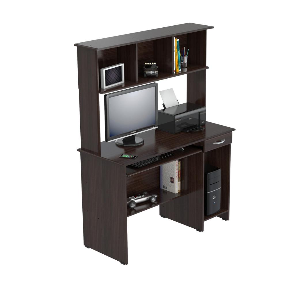 61.8" Espresso Melamine and Engineered Wood Computer Desk with Hutch. Picture 4
