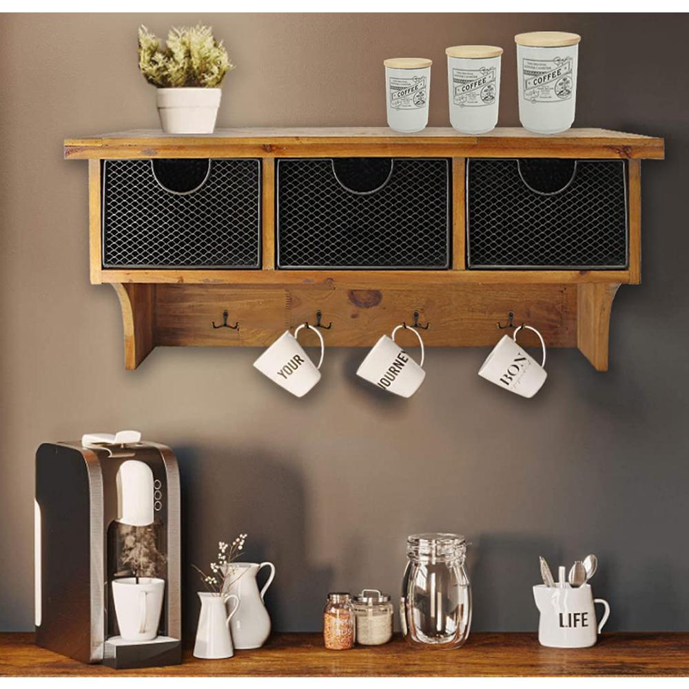 Brown Rustic Wooden Wall Shelf with 3 Drawers and Hooks. Picture 8
