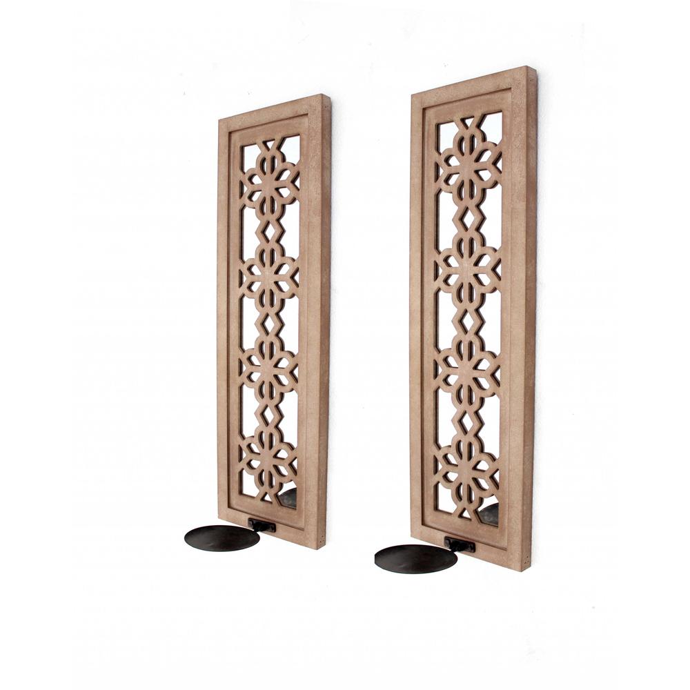 6" x 8.75" x 27.5" Tan, Rustic, Lattice Mirrors - Candle Holder Sconce Set - 274535. Picture 1