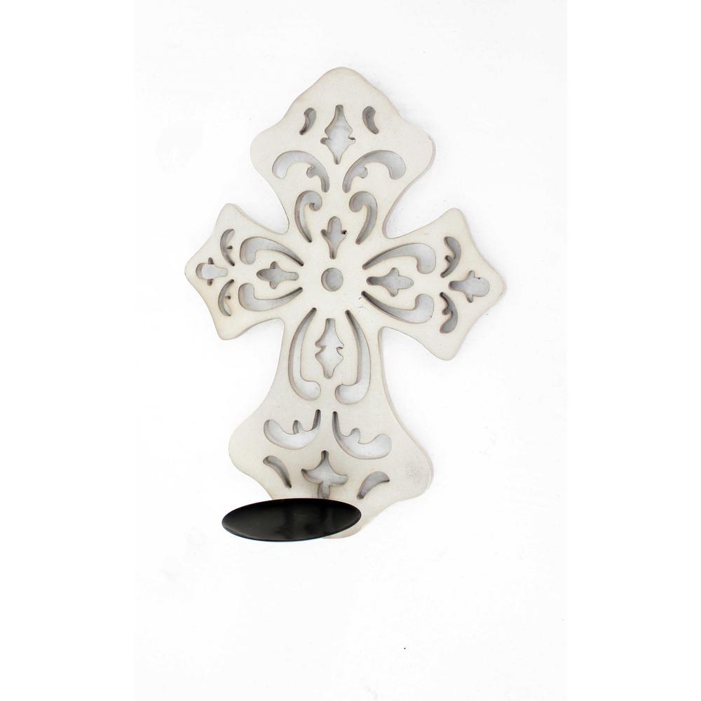15.5" x 5" x 11" White, Wooden Cross - Candle Holder Sconce - 274562. Picture 1
