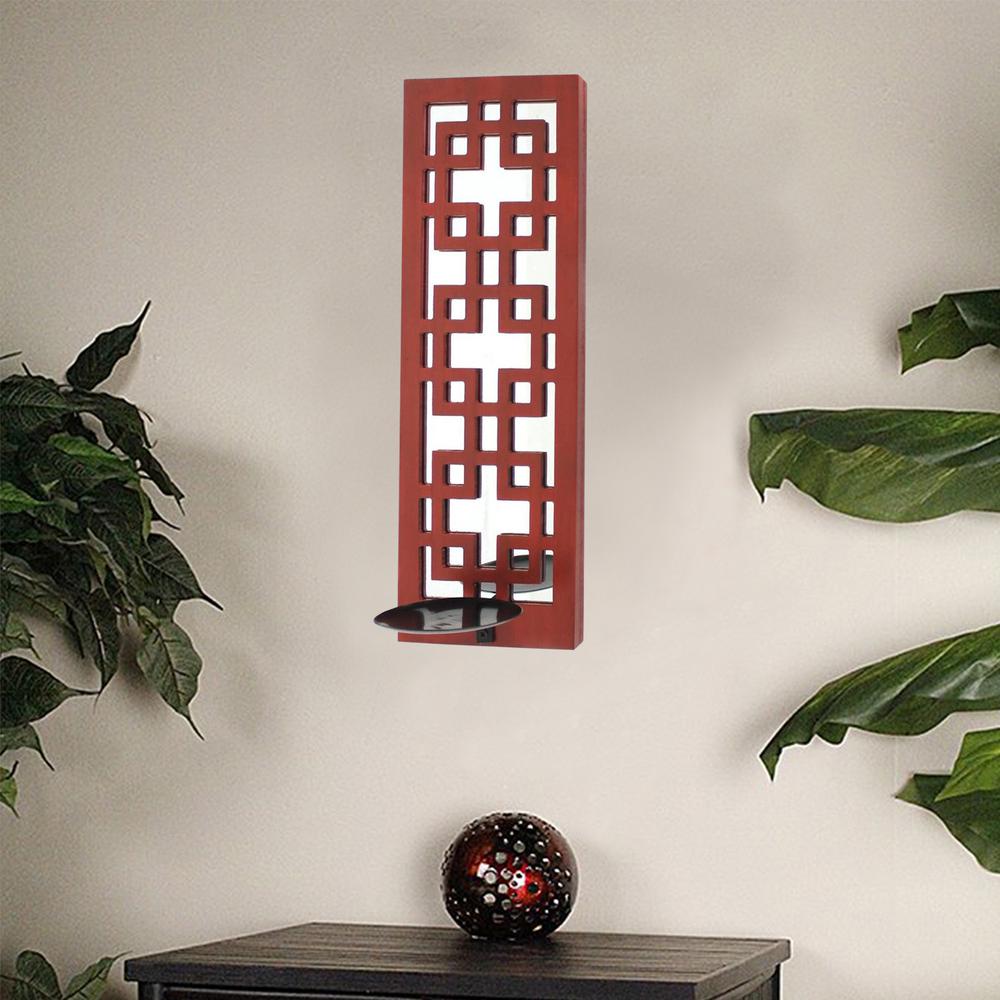 17" x 5" x 6" Red, Vintage Wood, Lattice Mirror - Candle Holder Sconce - 274566. Picture 2