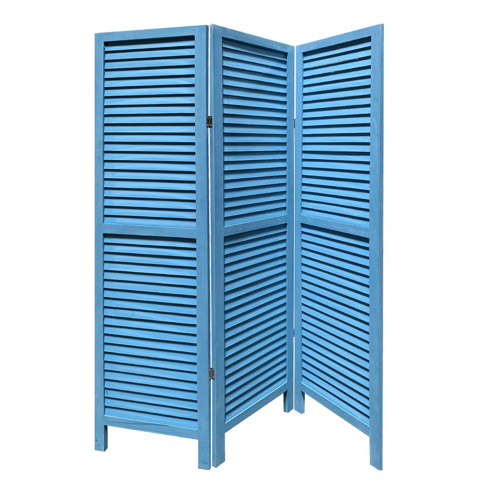 Blue Finish Wood Shutter 3 Panel Room Divider Screen - 274704. Picture 1
