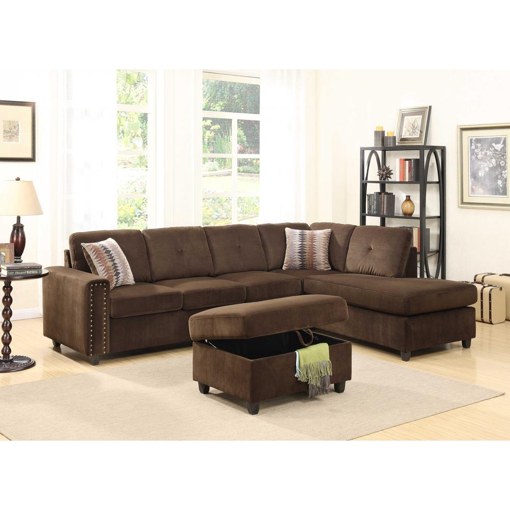 79" X 33" X 36" Chocolate Velvet Reversible Sectional Sofa With Pillows - 285950. Picture 1