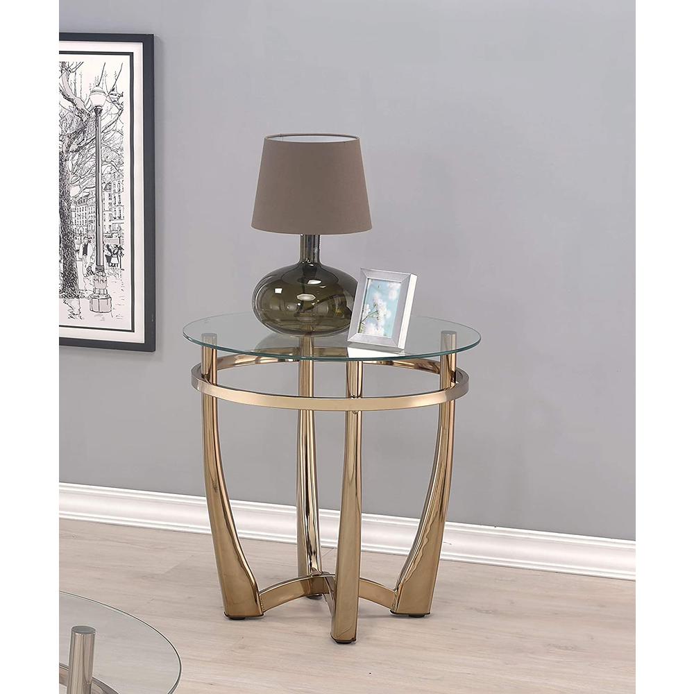 25" Champagne And Clear Glass And Stainless Steel Round Mirrored End Table. Picture 2