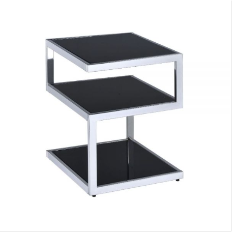 Black Glass And Chrome 3 Tier Shelves End Table. Picture 1