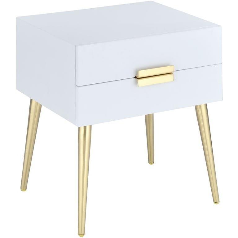 Sleek White And Gold Two Drawer End Table. Picture 1