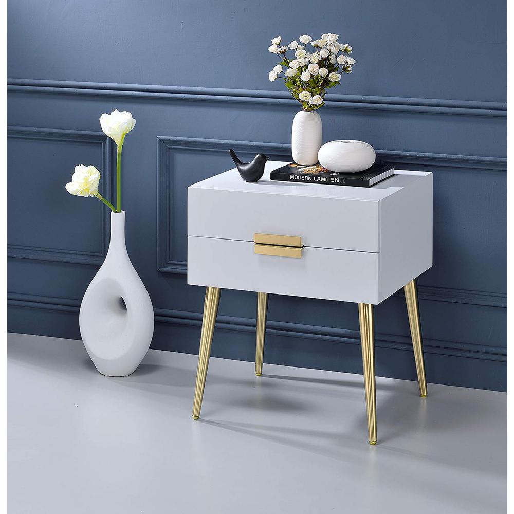 Sleek White And Gold Two Drawer End Table. Picture 2