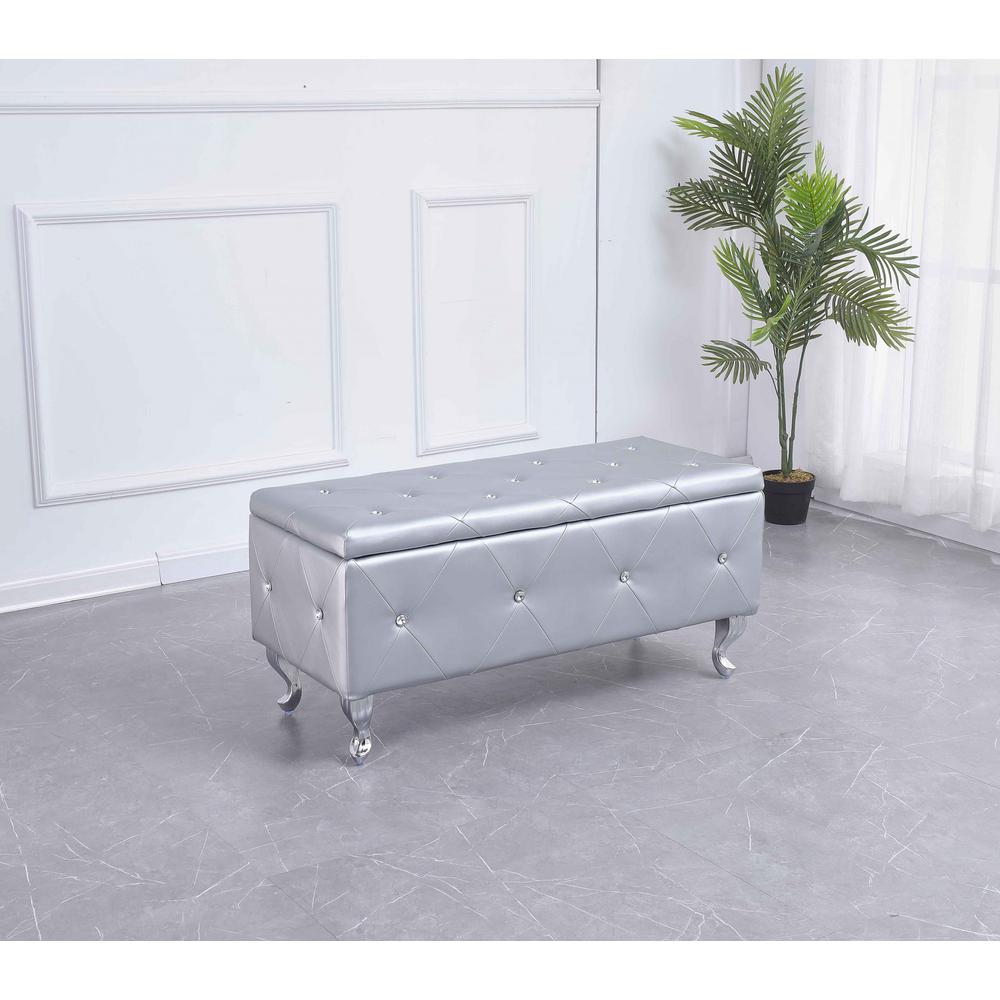 Silver Tufted Hard Wood Storage Bench - 302893. Picture 1