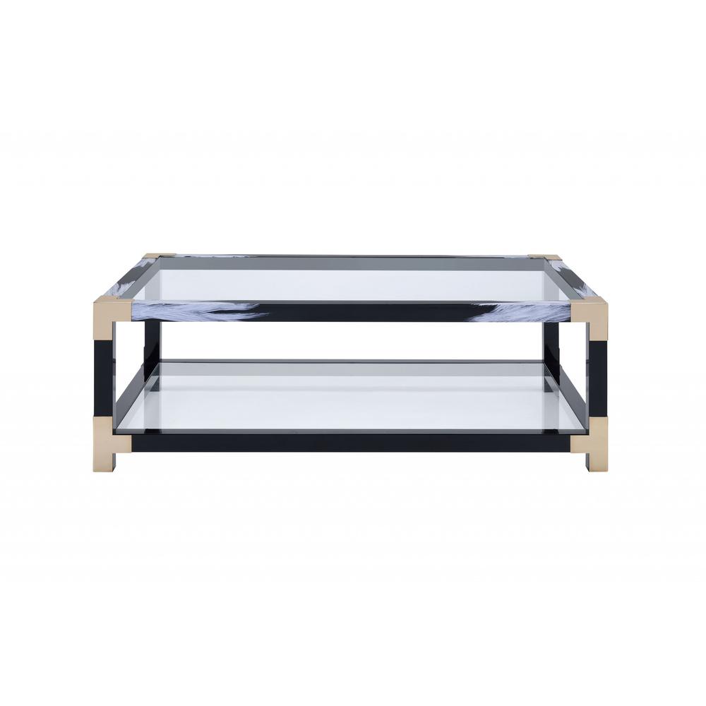 54" X 18" X 34" White Brushed Black Gold And Clear Glass Coffee Table. Picture 1