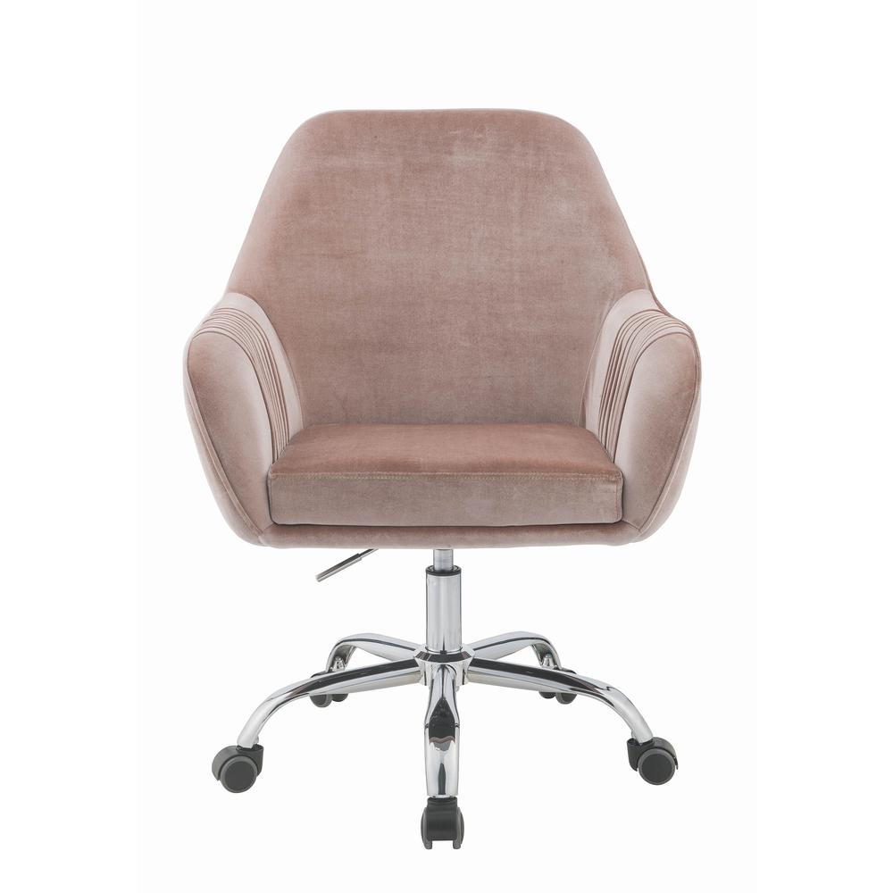 Stylish Mauve Rose Velvet Office Desk Chair on Wheels. Picture 1