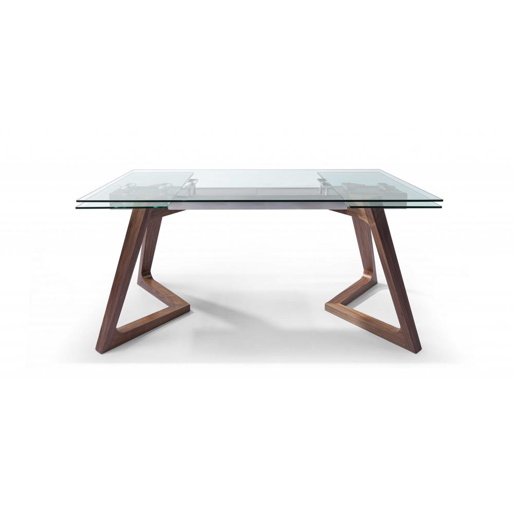 63" X 35" X 30" Walnut Glass Stainless Steel Extendable Dining Table - 320777. Picture 1