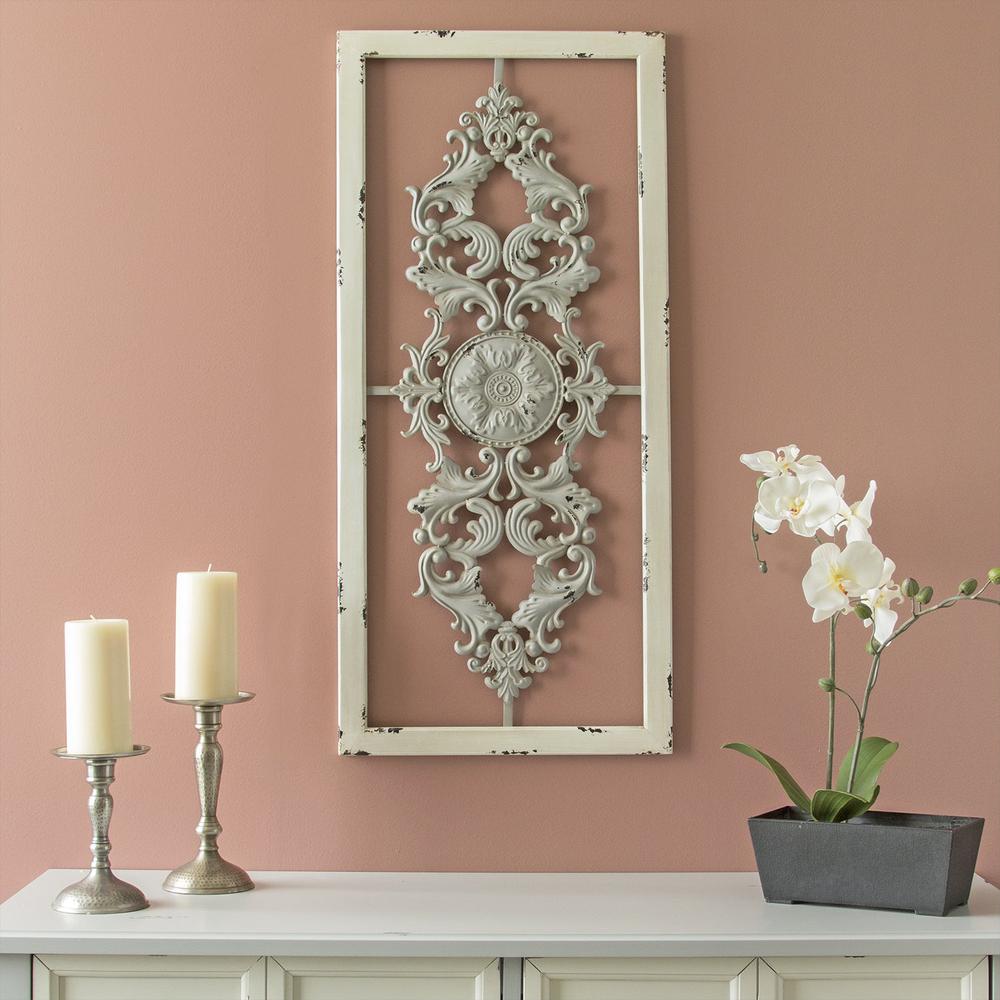 Distressed Scroll Panel Metal White Wood Framed Wall Art - 321183. Picture 2