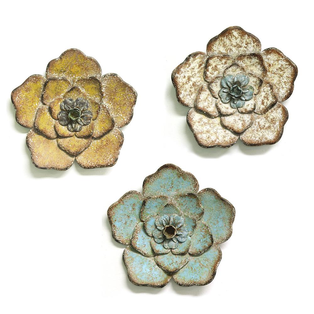 Set of 3 Multi-Color Chic Metal Flowers Wall Art Decor - 321198. Picture 1