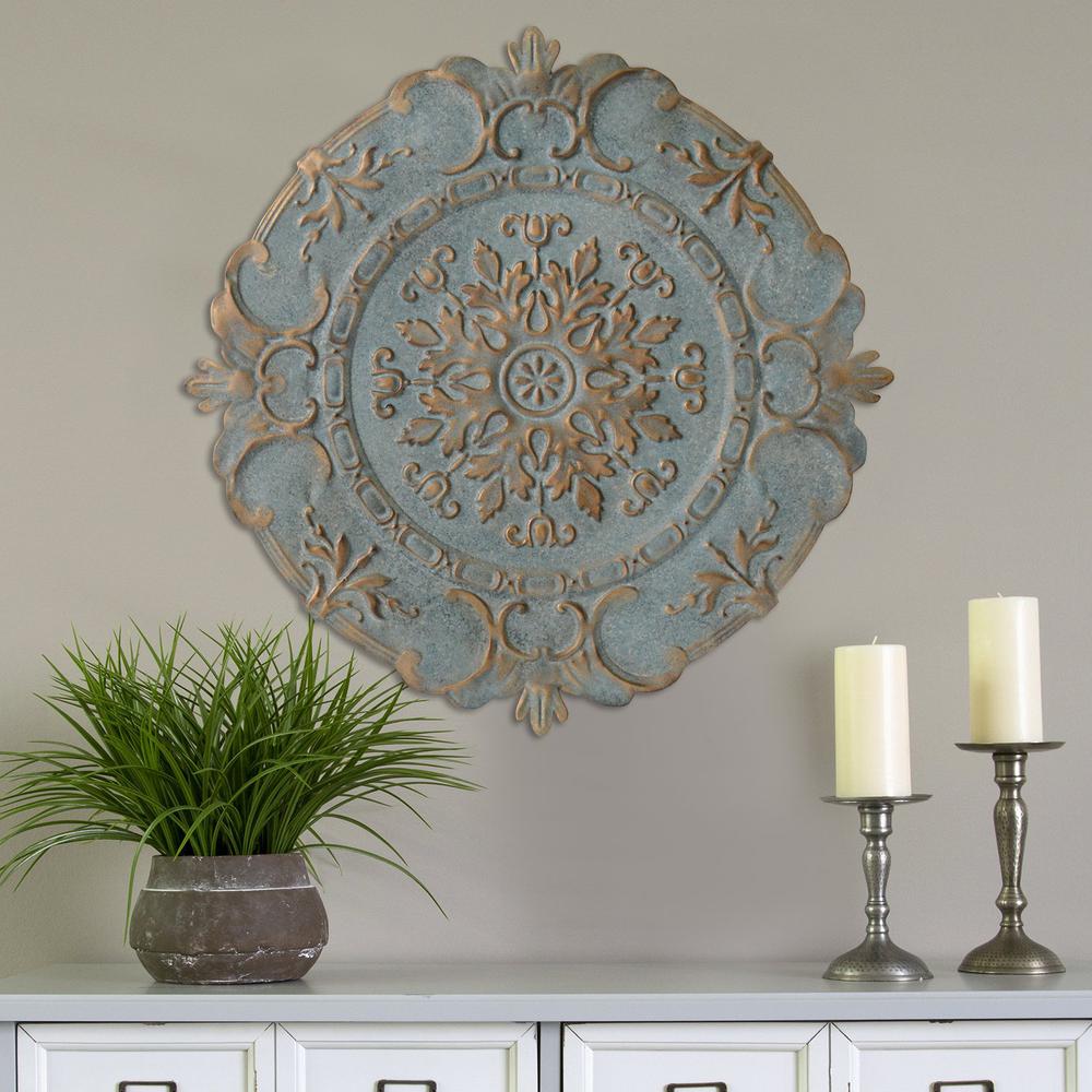 Distressed Blue European Medallion Metal Wall Decor - 321202. Picture 4