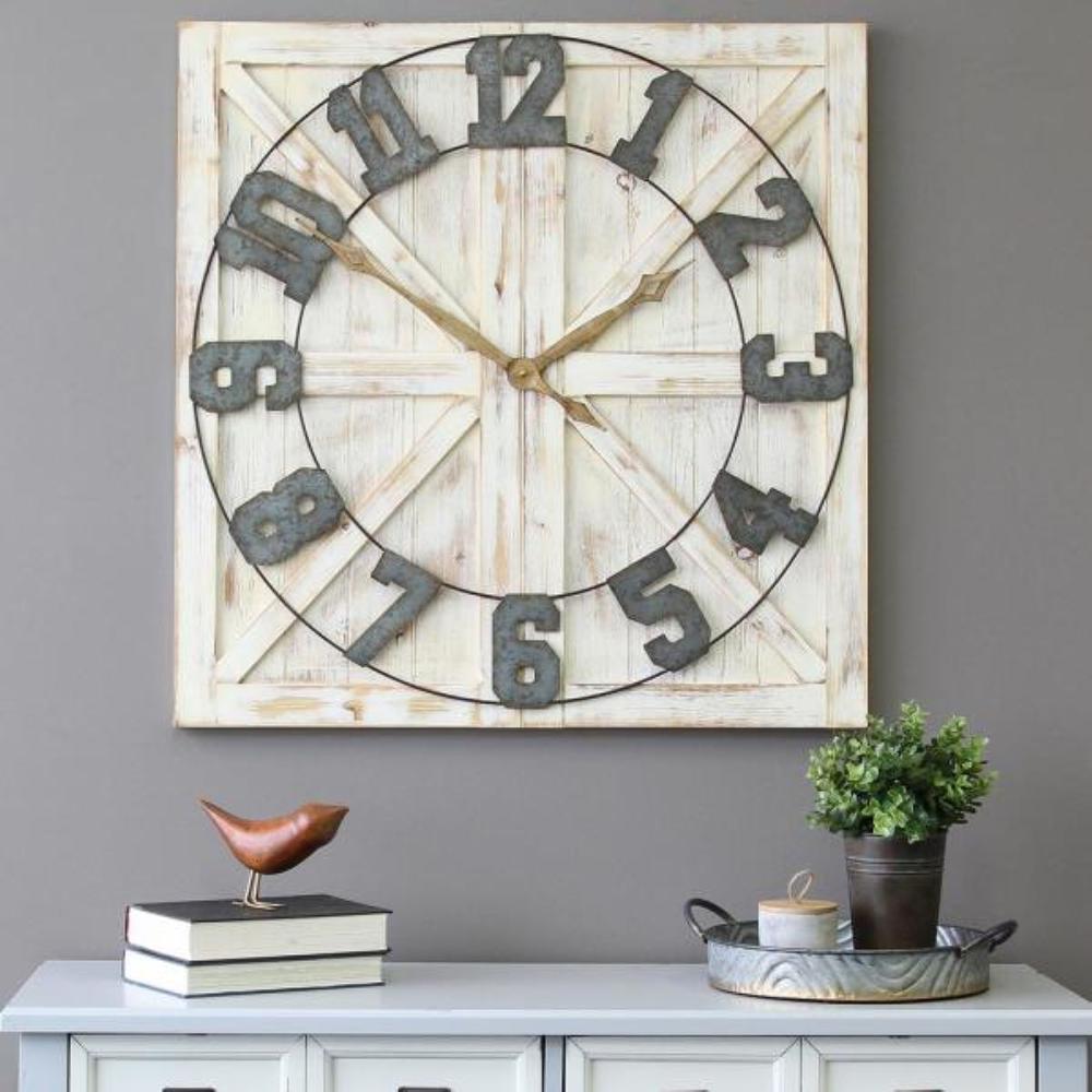 Square Distressed Wood and Metal Wall Clock with Vintage Touch - 321222. Picture 1