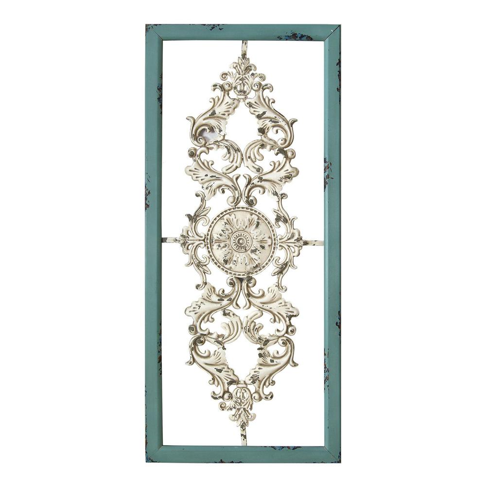 Distressed White and Turquoise Framed Scroll Metal Panel - 321355. Picture 1