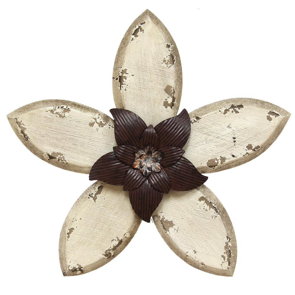 Antiqued Look Ivory and Espresso Metal Flower Wall Decor - 321369. Picture 1