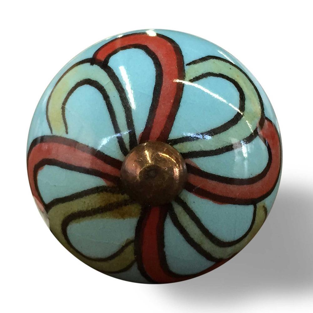 Bohemian Floral Turquoise Handprinted Set of 8 Ceramic Knobs - 332350. Picture 1