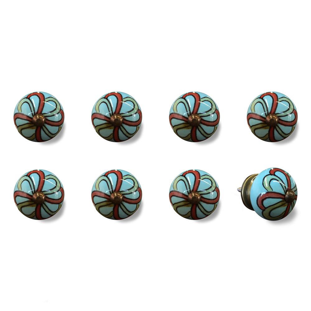 Bohemian Floral Turquoise Handprinted Set of 8 Ceramic Knobs - 332350. Picture 3