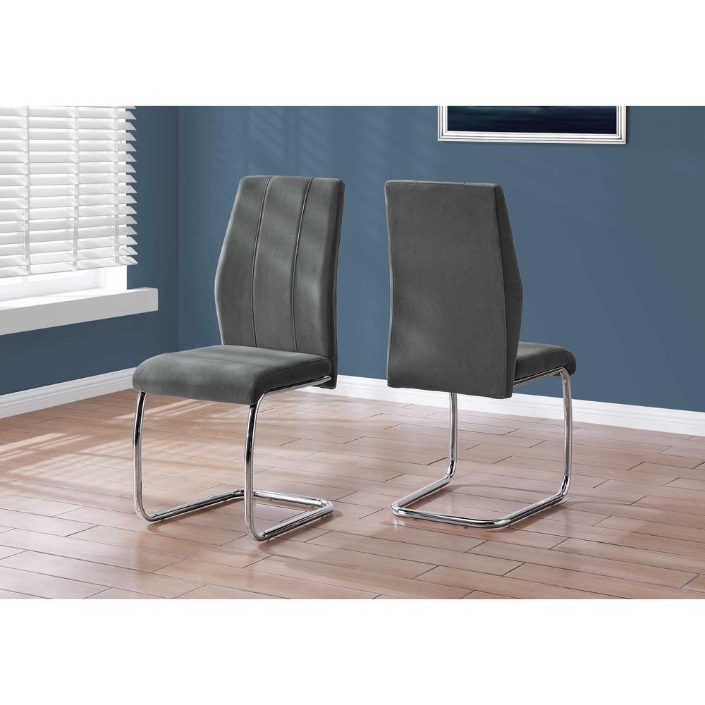 Two 77.5" Dark Grey Velvet Chrome Metal and Foam Dining Chairs - 332595. The main picture.