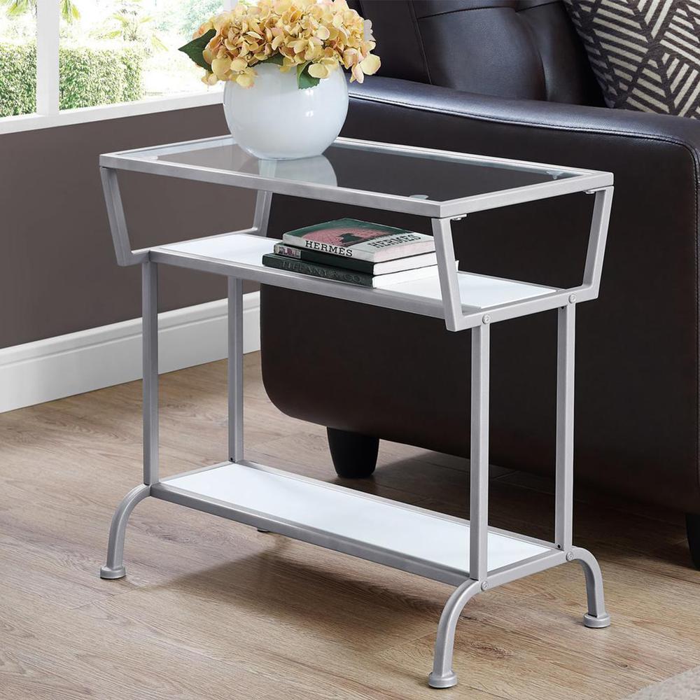 12" x 24" x 22" White Accent Table in Silver Metal with Clear Tempered Glass - 332702. Picture 6