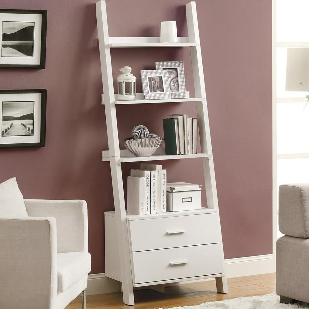16.75" x 25.5" x 69" White Particle Board Hollow Core  Bookcase with 2 Storage Drawers. Picture 5