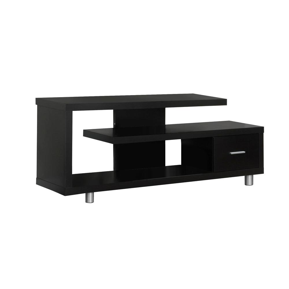 15.75" x 60" x 24" Cappuccino Silver Particle Board Hollow Core Metal TV Stand with a Drawer - 332882. Picture 1